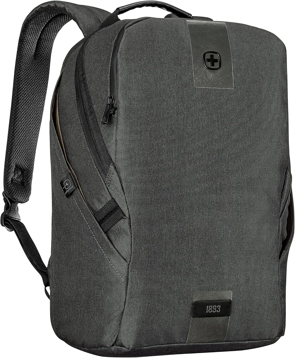 Schwarzer Rucksack mit Reißverschluss und Logo, 1893, für den täglichen Gebrauch.