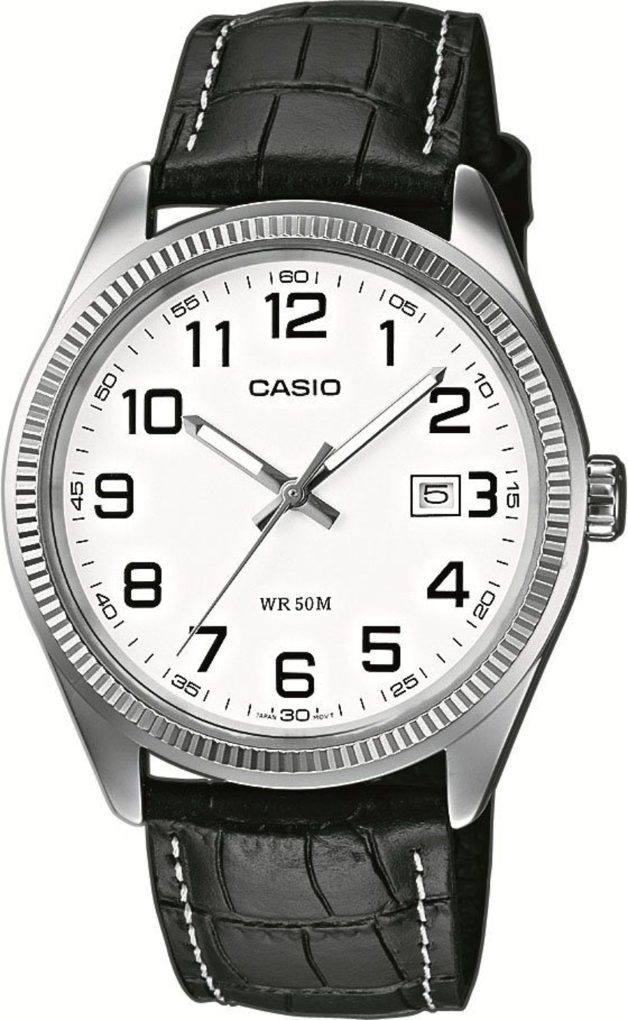 Casio-Uhr mit weißem Zifferblatt, schwarzem Lederarmband und Datumsanzeige.