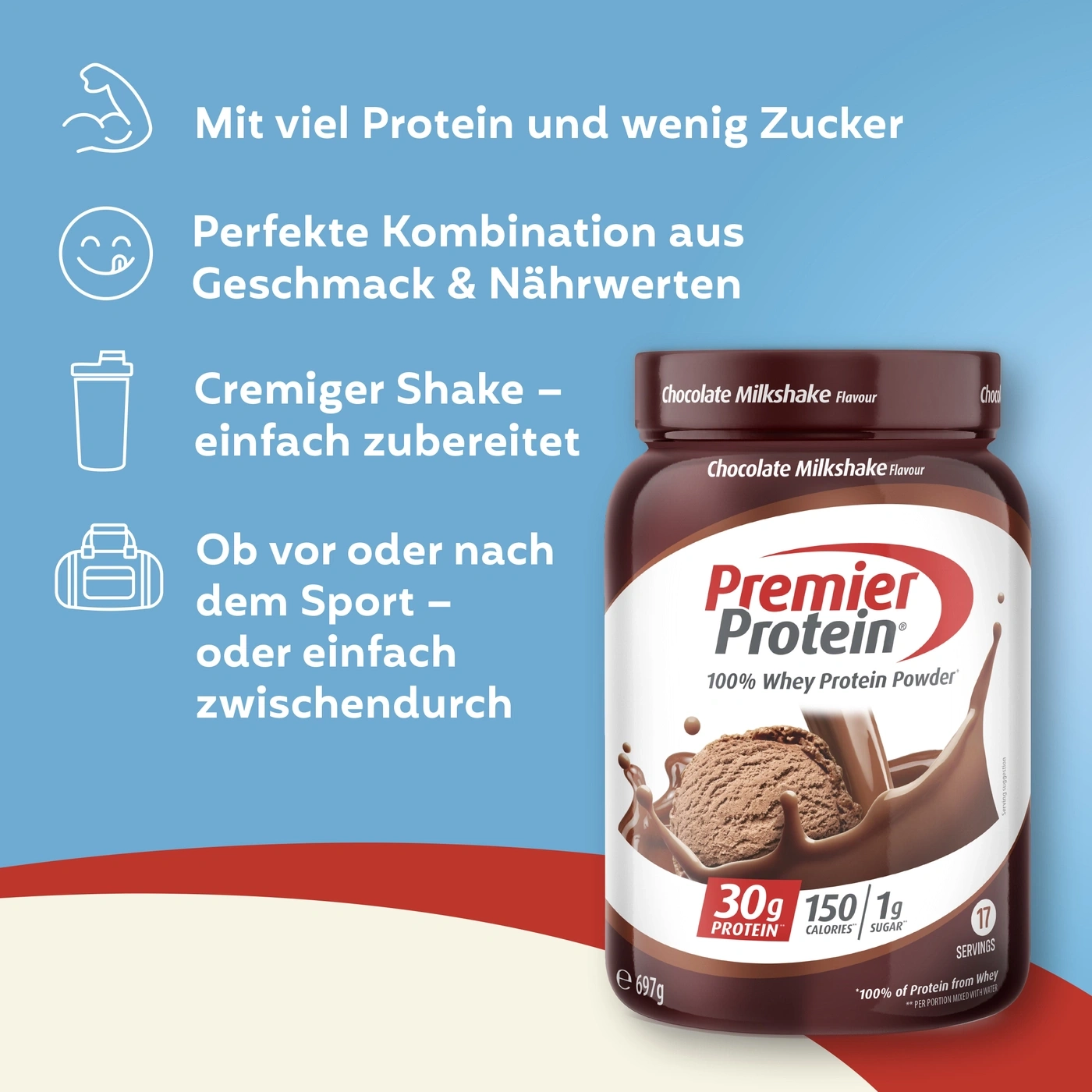 Premier Protein Pulver Schoko mit Nährwertangaben und Icons