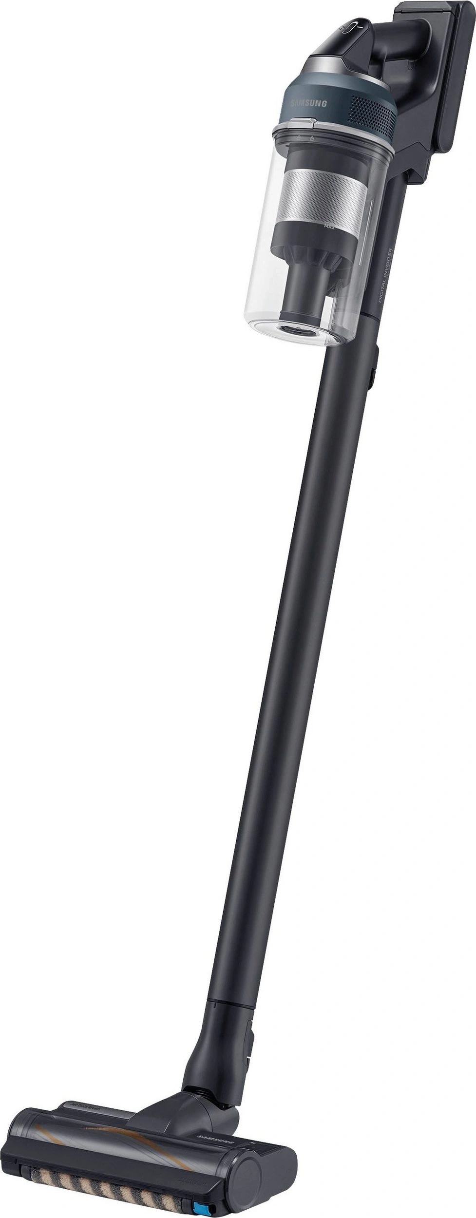 Ein schwarzer Samsung Akku-Staubsauger mit transparentem Staubbehälter und Bürstenkopf.