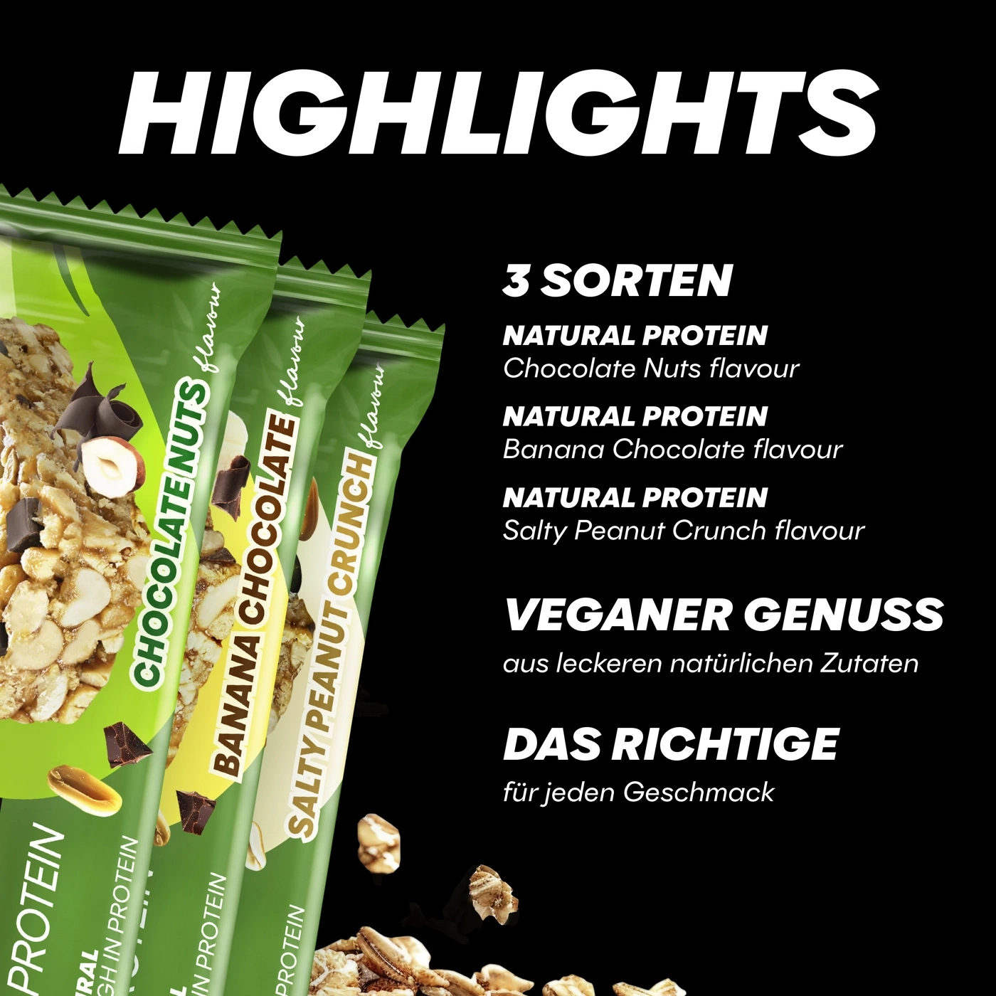 Proteinriegel mit verschiedenen Geschmacksrichtungen und Zutaten