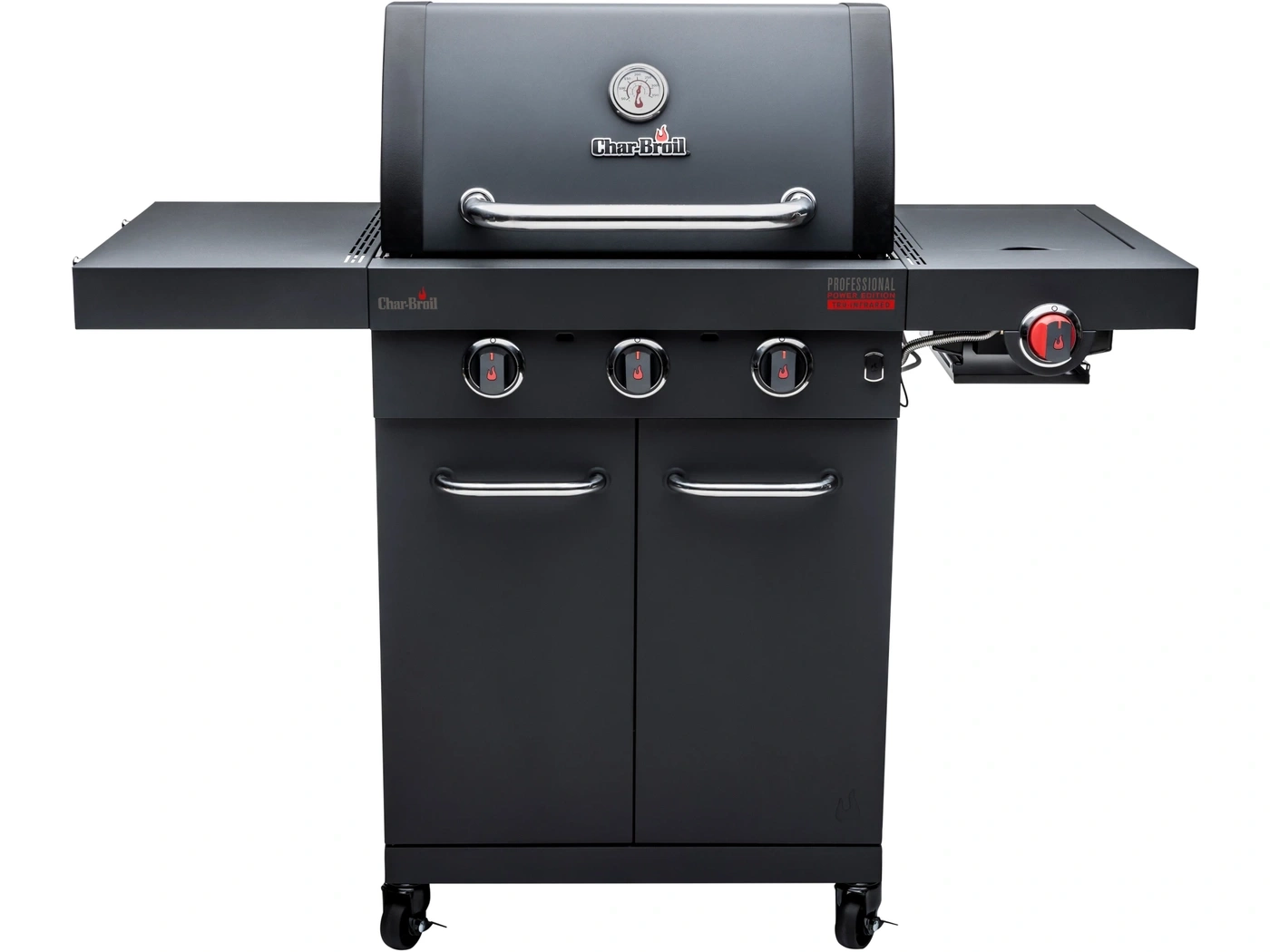 Ein schwarzer Gasgrill mit drei Brennern und seitlichen Ablagen.