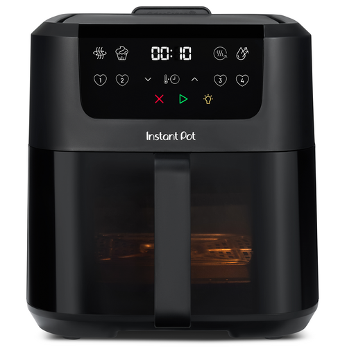 Schwarze Instant Pot Heißluftfritteuse mit digitalem Display und Griff.
