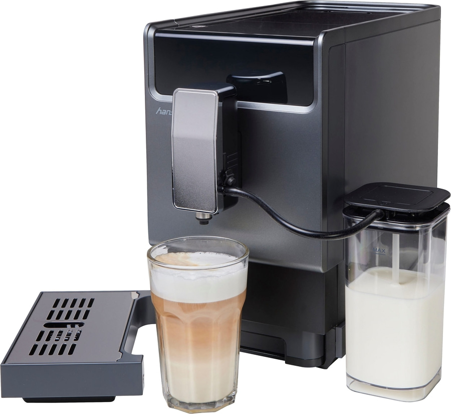 Vollautomatischer Kaffeevollautomat mit Milchkaraffe und Latte Macchiato.