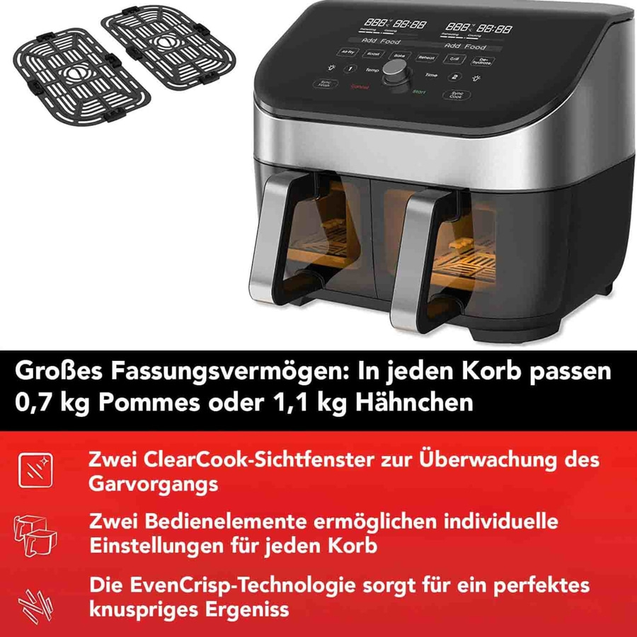 Doppelte Heißluftfritteuse mit Sichtfenstern, großem Fassungsvermögen und EvenCrisp-Technologie.
