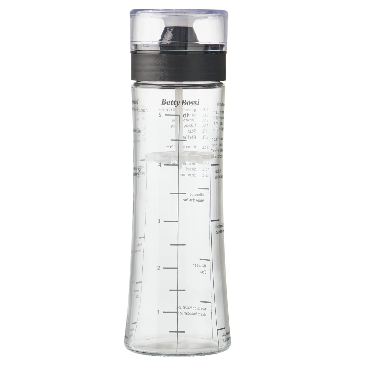Eine Messflasche mit dem Logo Betty Bossi und Messskalen in ml und englischen Maßeinheiten.