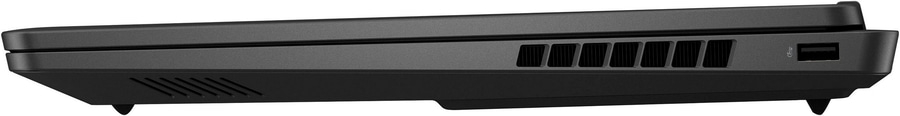 Schwarzer Laptop mit L
üftungsschlitzen und USB-Anschluss an der Seite