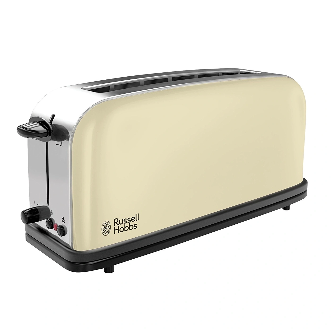 Ein beiger Toaster der Marke Russell Hobbs steht auf einem schwarzen Sockel mit Bedienknöpfen.