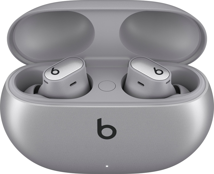 Graue Beats Studio Buds Kopfhörer mit Ladecase, geöffnet, Nahaufnahme