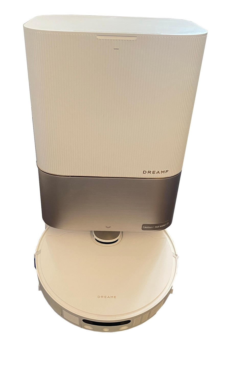 Roboterstaubsauger mit Ladestation, weiß und beige, Dreame-Marke