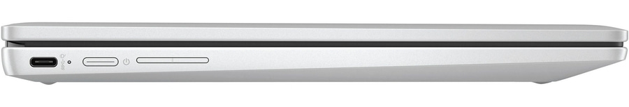 Nahaufnahme eines USB-C-Anschlusses, eines Power-Buttons und eines Lautstärkereglers an einem schlanken Laptop.