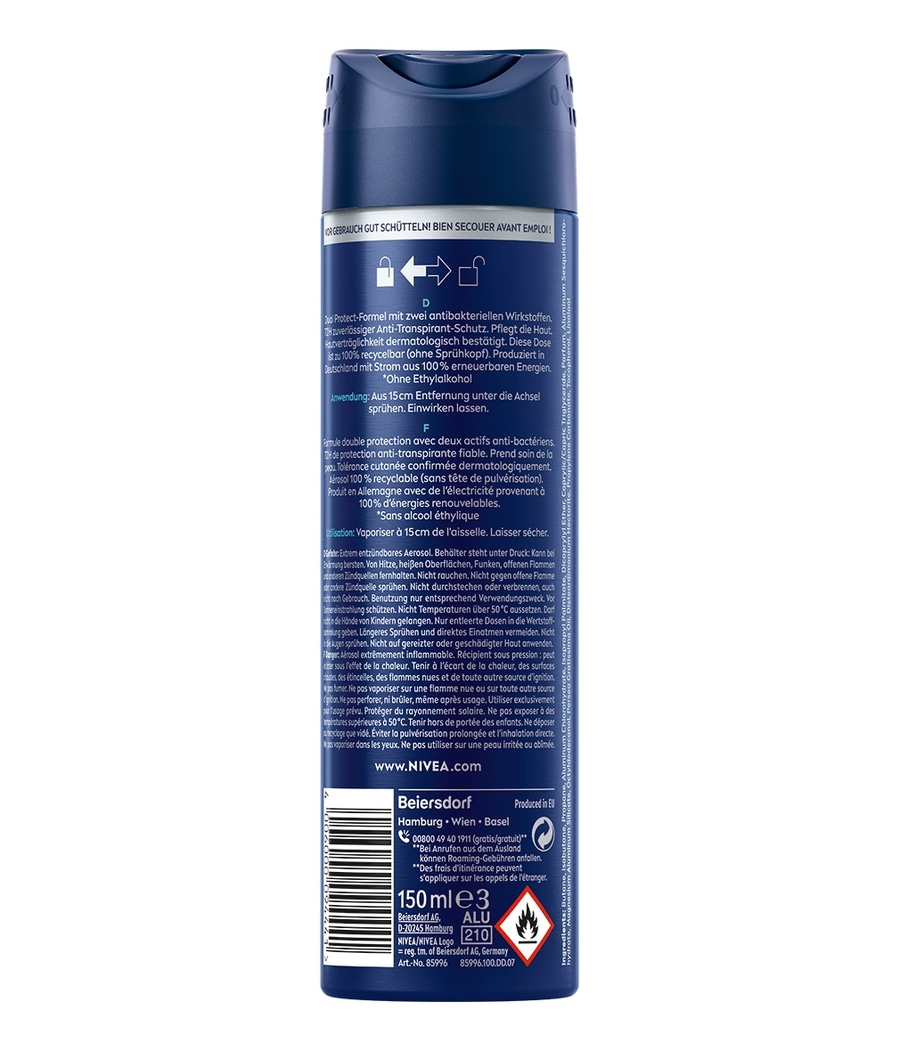 Nivea Deodorant-Spray, 150ml, mit zwei antibakteriellen Wirkstoffen, Anti-Transpirant-Schutz