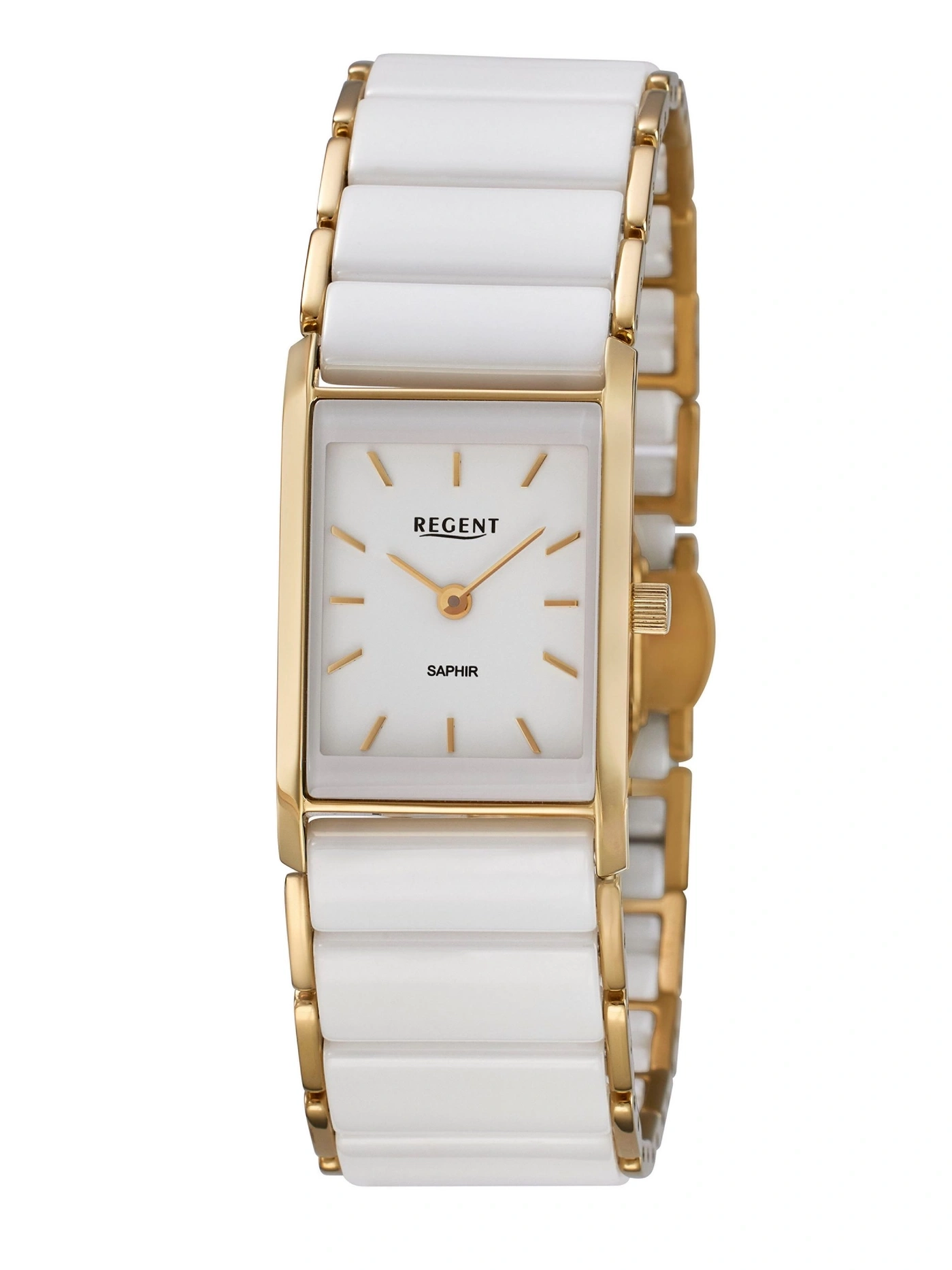 Eine rechteckige goldene Uhr mit weißem Armband