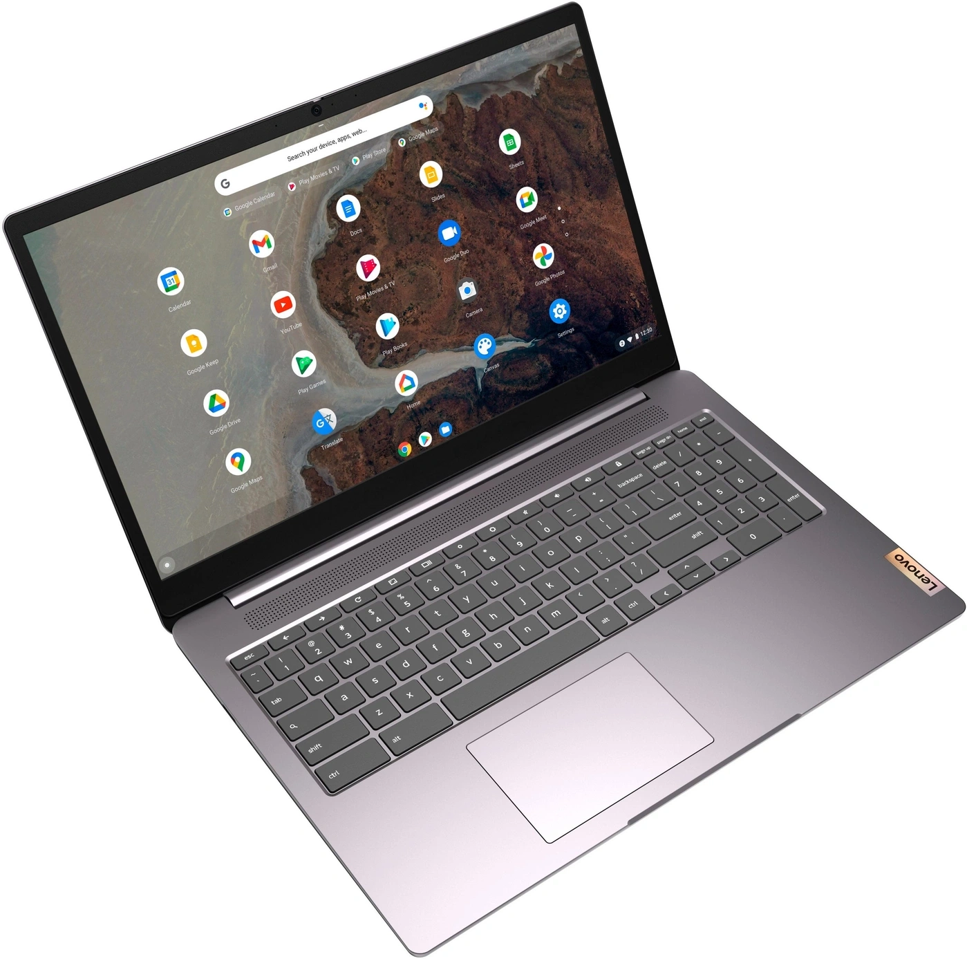 Ein offener grauer Lenovo Laptop mit geöffnetem Bildschirm, der eine Auswahl an Google-Apps zeigt.