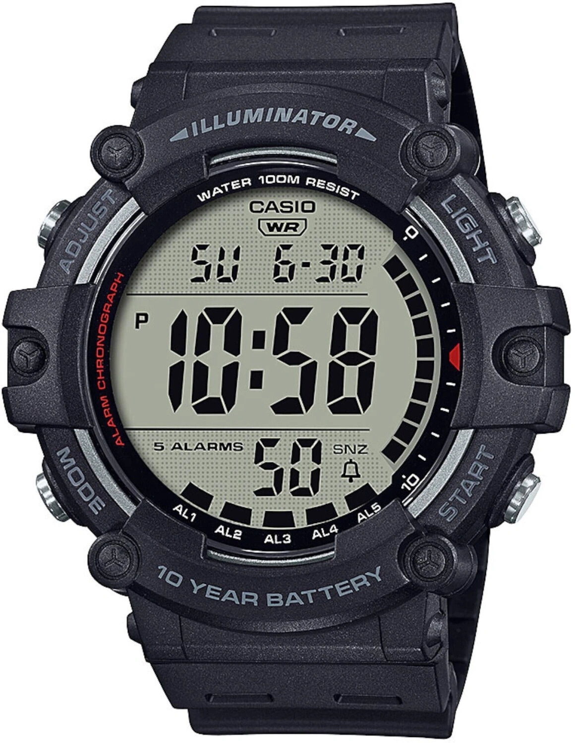 Schwarze digitale Casio Uhr mit Text und Zahlen auf dem Zifferblatt