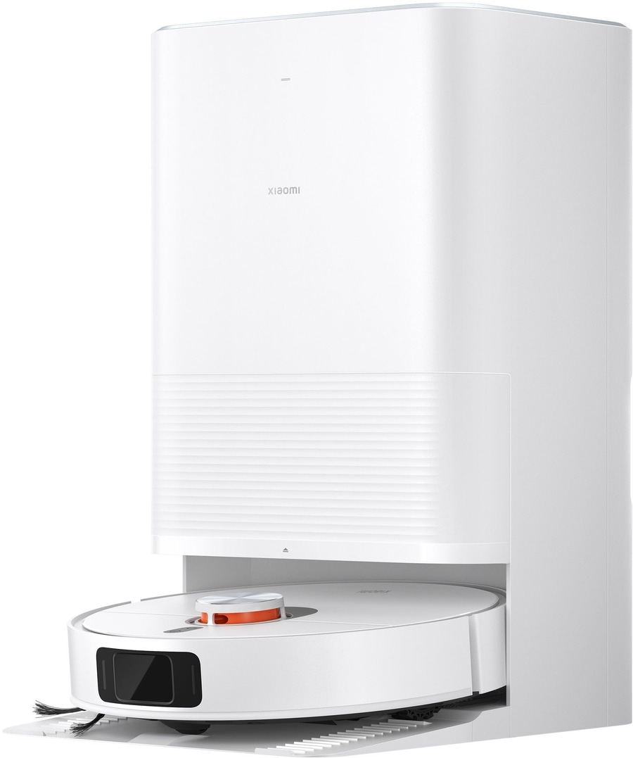 Weißer Roboterstaubsauger mit Ladestation, Xiaomi-Logo, modernes Design, Haushaltsgerät