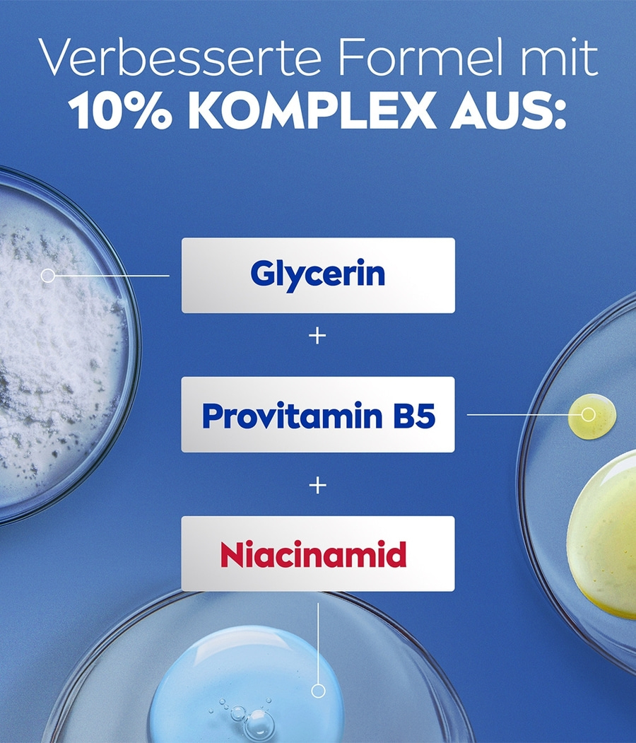 Verbesserte Formel mit 10% KOMPLEX AUS: Glycerin, Provitamin B5, Niacinamid.