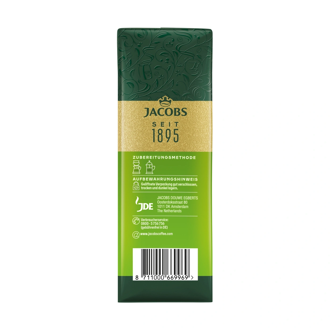 Jacobs Kaffee "Seit 1895", Zubereitungshinweis und Kontaktinformationen auf der Verpackung.