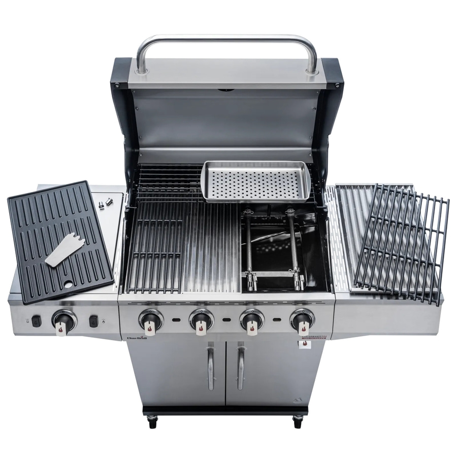 Edelstahl-Gasgrill mit offenem Deckel, Grillrosten und Zubehör für das Kochen im Freien