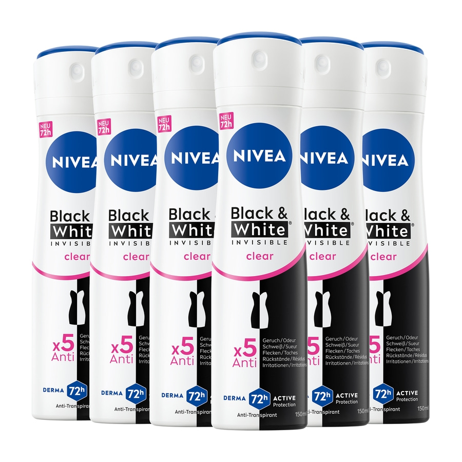 NIVEA Deodorant Black & White Invisible Clear Deo Spray, 6 x 150ml