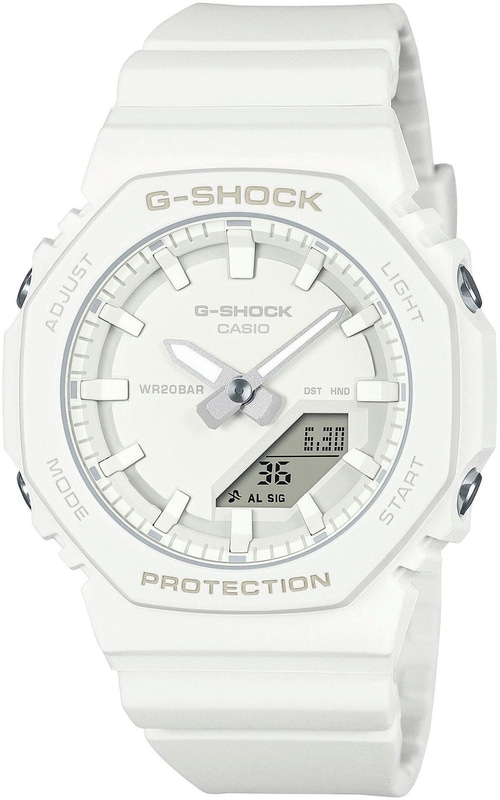 Weiße G-Shock-Uhr mit digitaler Anzeige und analogem Zifferblatt. Wasserdicht und robust.