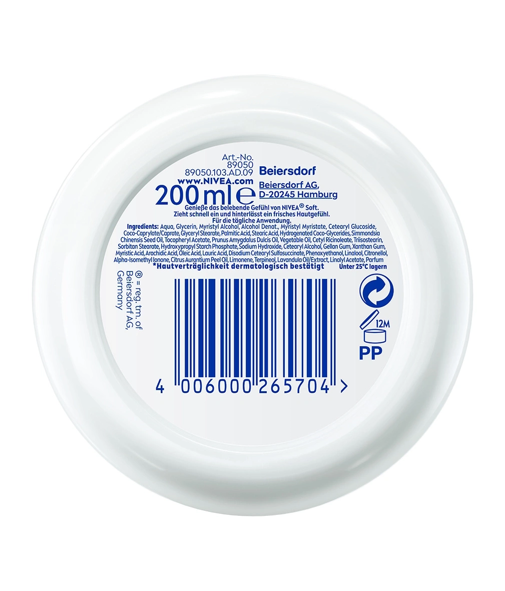 Die weiße Verpackung zeigt einen Nivea-Tiegel mit Produktinformationen und einem Barcode.