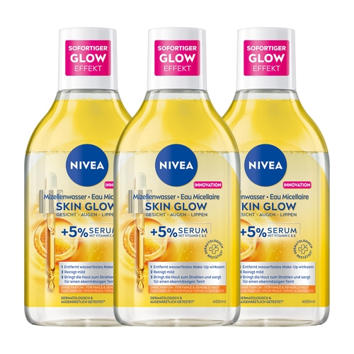 Nivea Skin Glow Mizellenwasser, drei Flaschen, sofortiger Glow Effekt, Gesicht, Augen, Lippen
