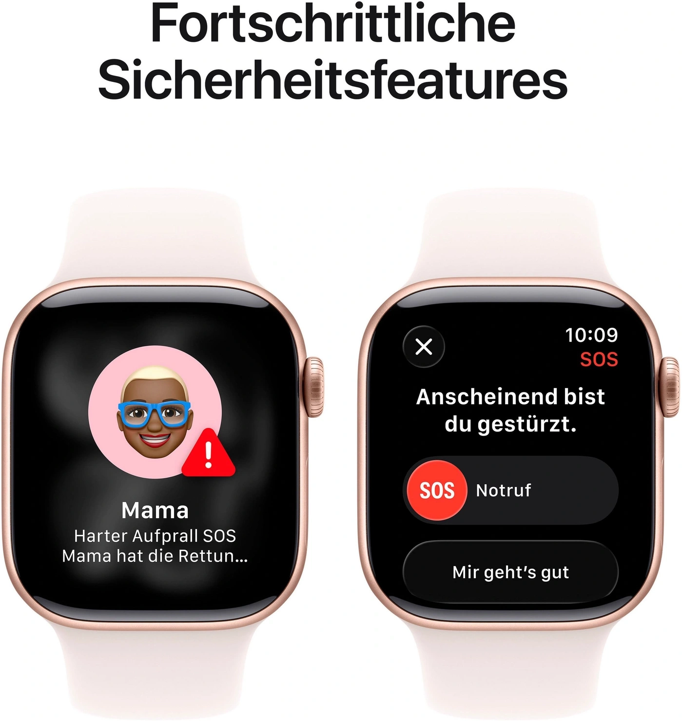 Zwei Apple Watches mit Sturzerkennung und SOS-Notruf.