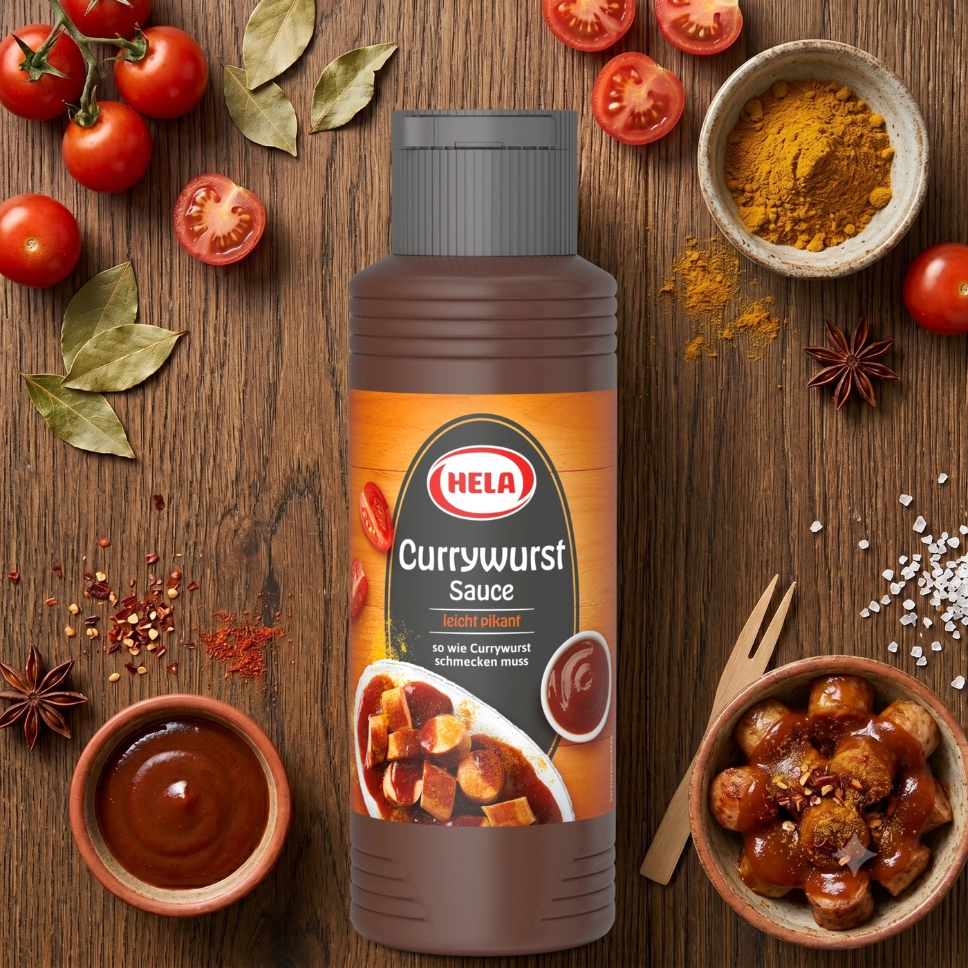 HELA Currywurst Sauce in brauner Flasche mit Zutaten