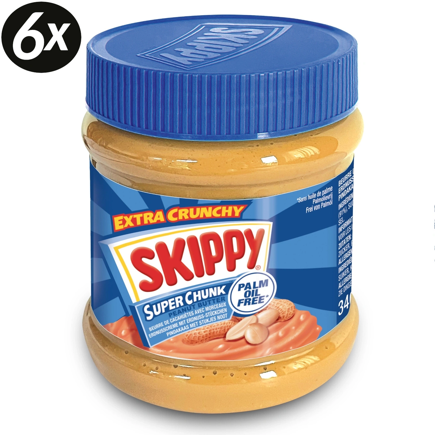 Skippy Extra Crunchy Super Chunk Erdnussbutter im Glas mit blauem Deckel.