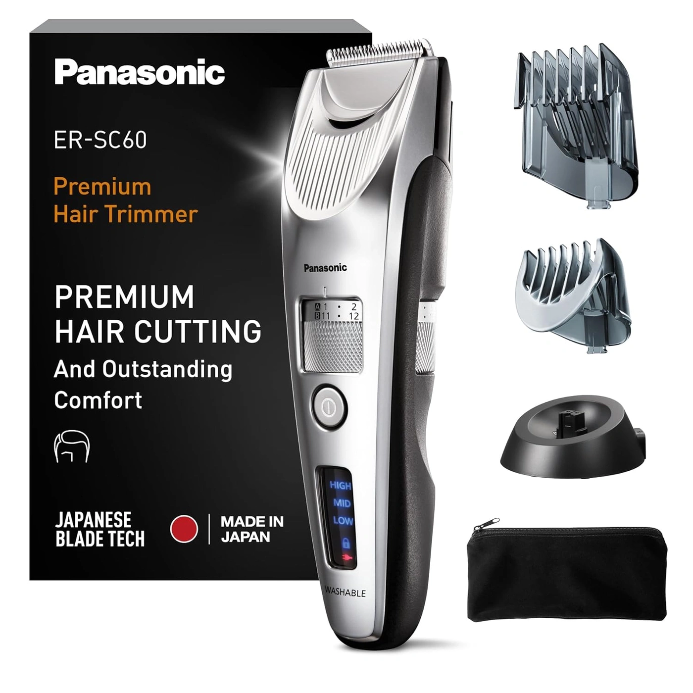 Panasonic ER-SC60 Premium Haarschneider mit japanischer Klingentechnologie, im Lieferumfang enthalten sind verschiedene Aufsätze, Ladestation und Tasche.