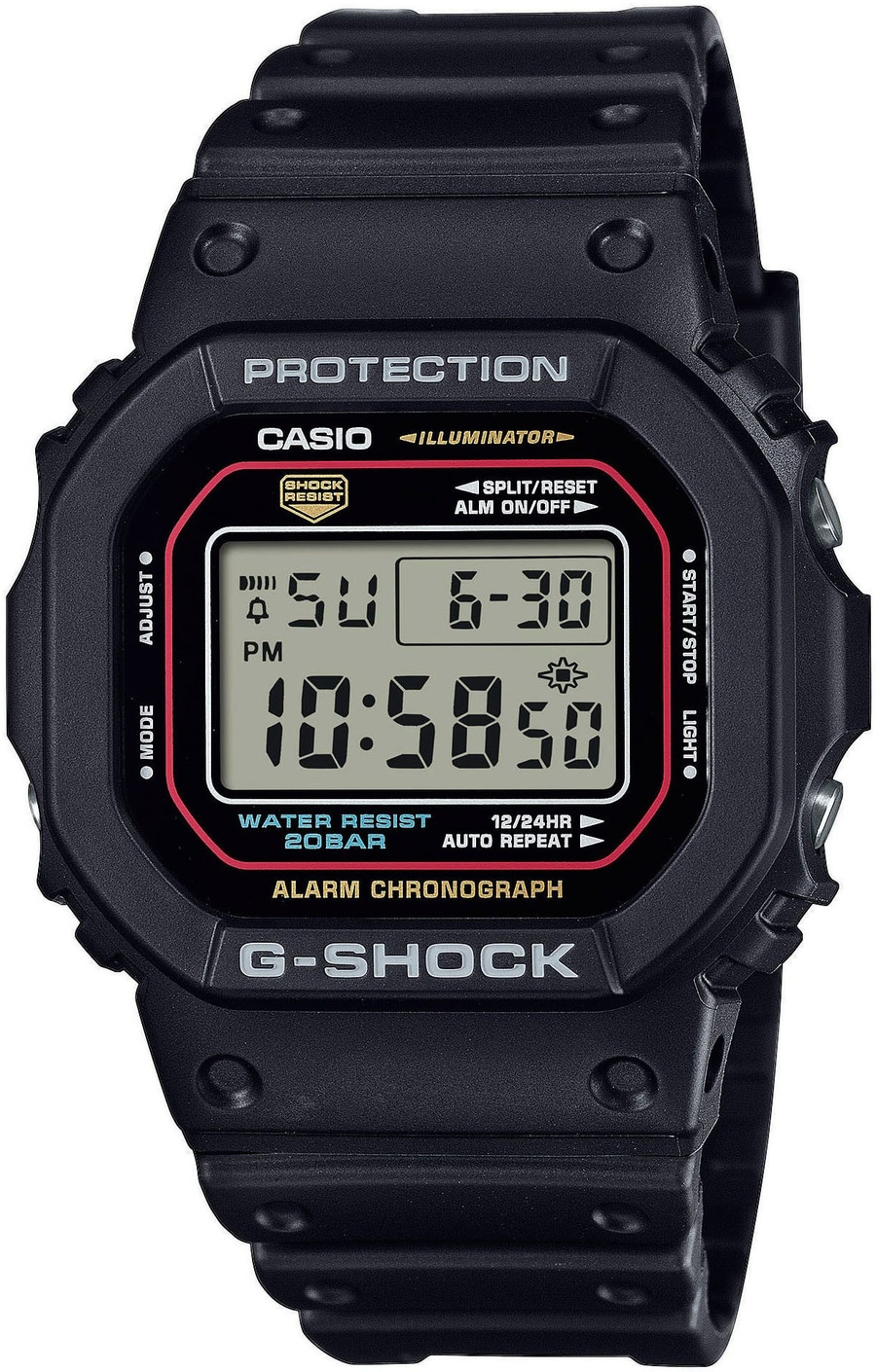 Schwarze Casio G-Shock Uhr mit digitaler Anzeige und Schutzfunktion.