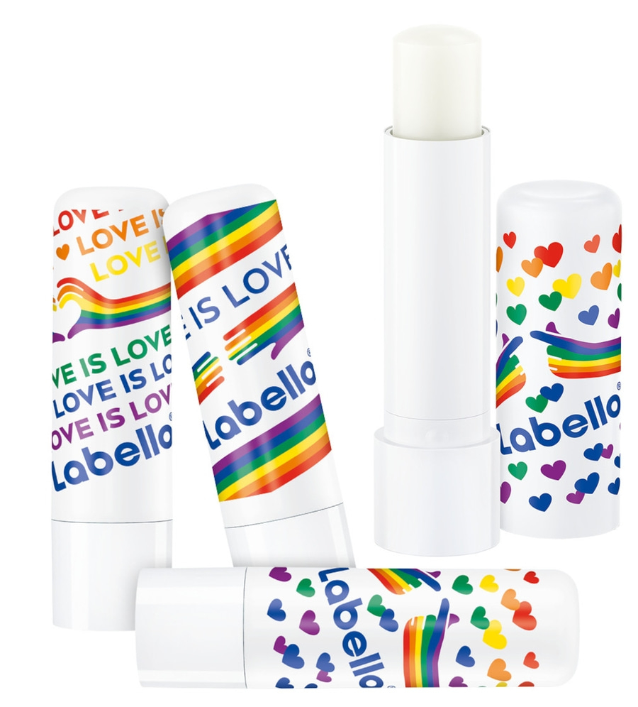 Labello Lippenbalsam mit Regenbogen-Motiv und Herzchen
