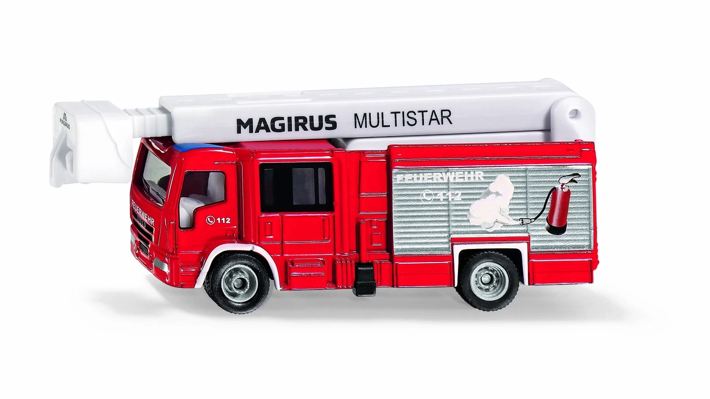Rotes Feuerwehrauto mit Magirus Multistar Leiter und Hundemotiv