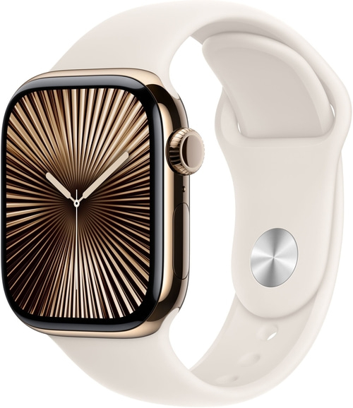 Goldene Apple Watch mit cremefarbenem Armband, Nahaufnahme, elegant