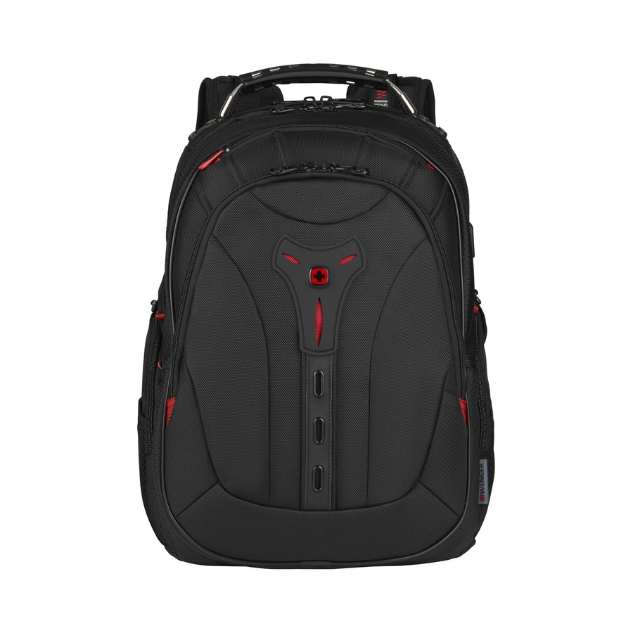 Schwarzer Rucksack mit rotem Akzent und Logo von Wenger.