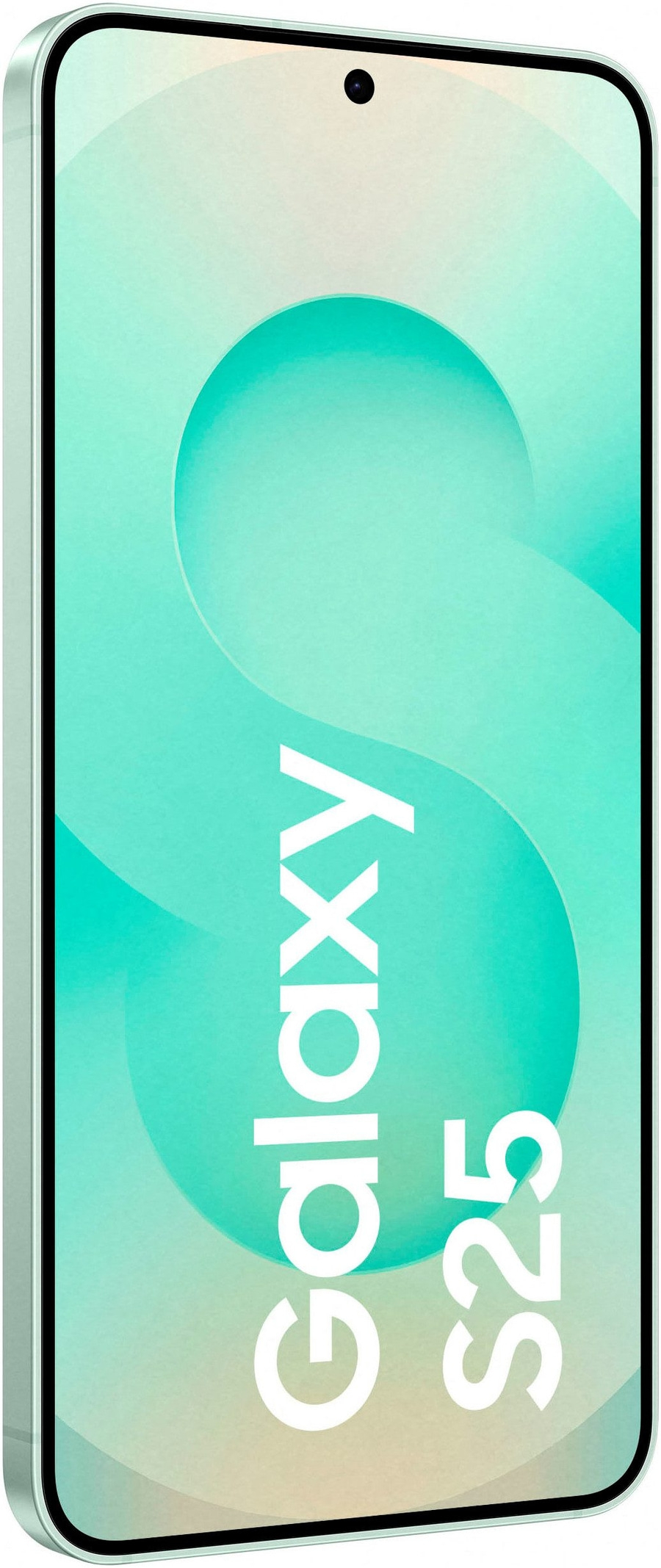 Ein Samsung Galaxy S25 Smartphone mit türkisfarbenem Hintergrund.