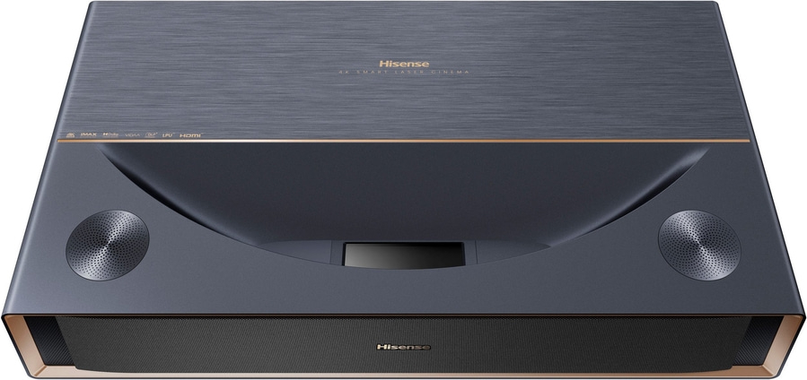 Ein moderner Hisense 4K Laser Cinema Projektor mit Lautsprechern und HDMI-Anschluss.
