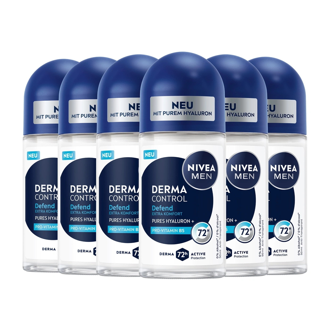 Sechs Nivea Men Derma Control Deodorant Roll-ons im Produktdesign für empfindliche Haut.