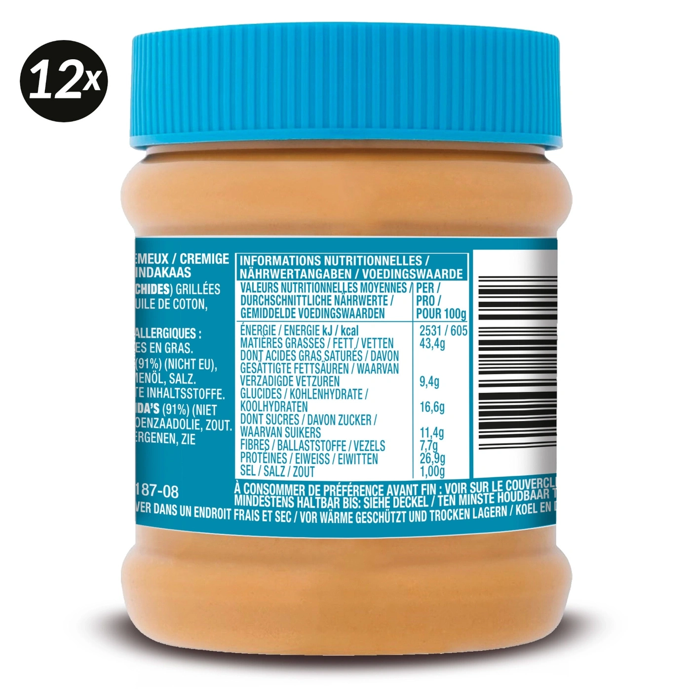 Erdnussbutter-Glas mit Nährwertangaben und Zutaten, 12x, blauem Deckel