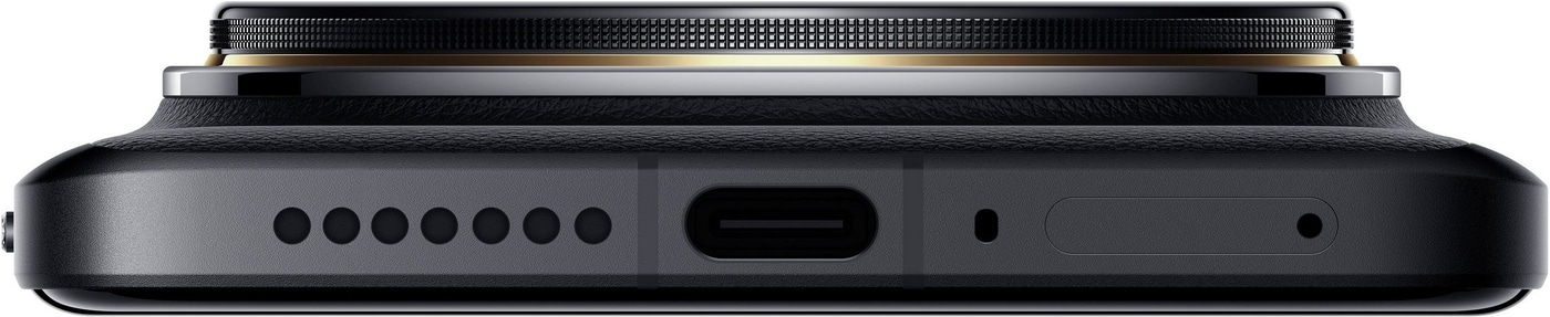 Nahaufnahme des unteren Teils eines schwarzen Smartphones mit Anschlüssen und Lautsprechern.