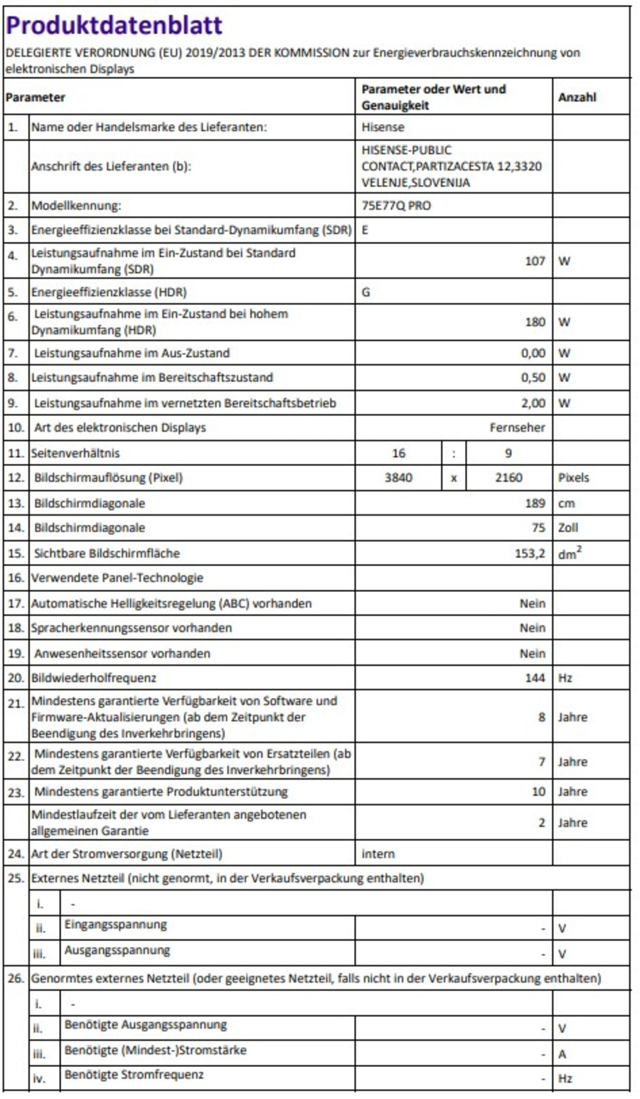 HISENSE TV 75E77Q PRO Fernseher 189 cm/75 Zoll 4K Ultra HD Smart-TV QLED B-WARE