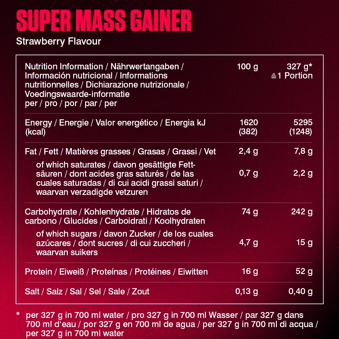 Super Mass Gainer Erdbeer Geschmacks Nährwertangaben