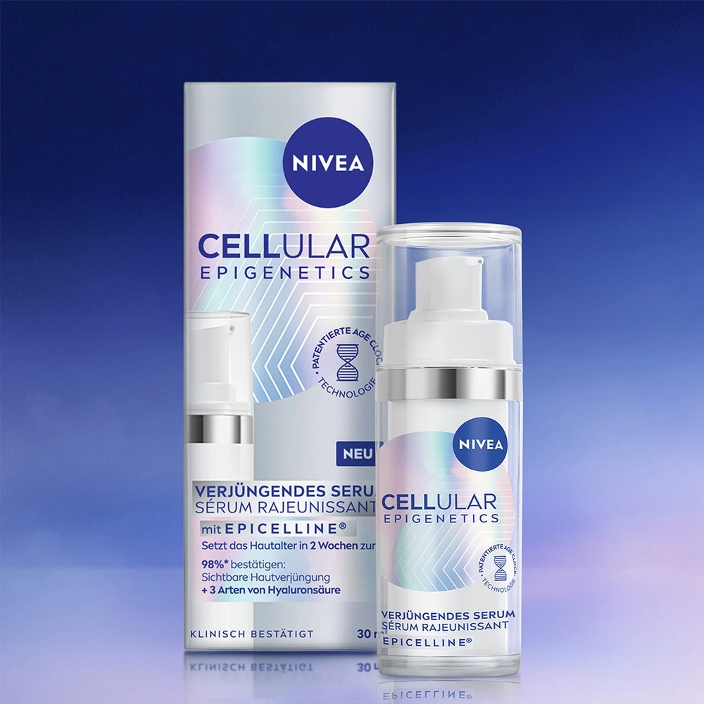 Nivea Cellular Epigenetics Serum mit Hyaluronsäure und Epicelline für jugendlichere Haut.