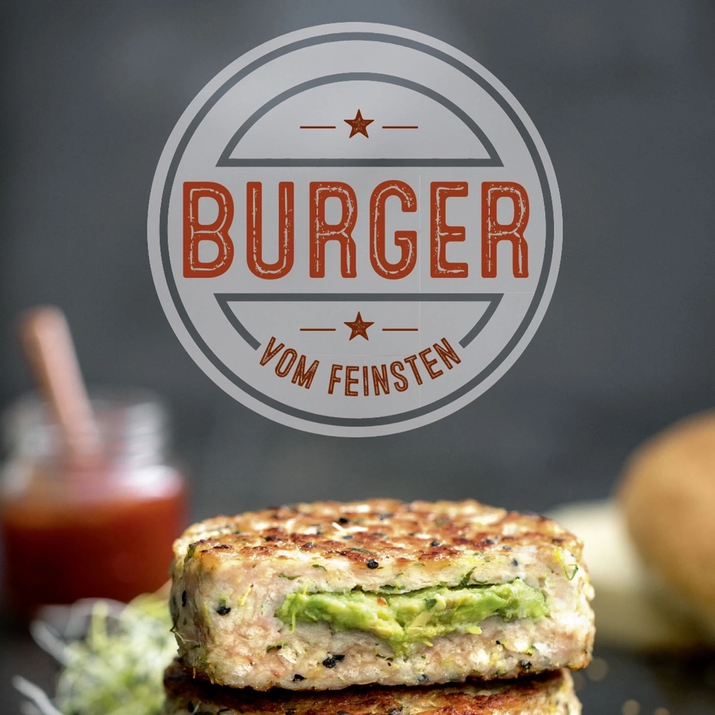 Burger mit Avocado, Logo 'Burger vom Feinsten', Nahaufnahme, Essen