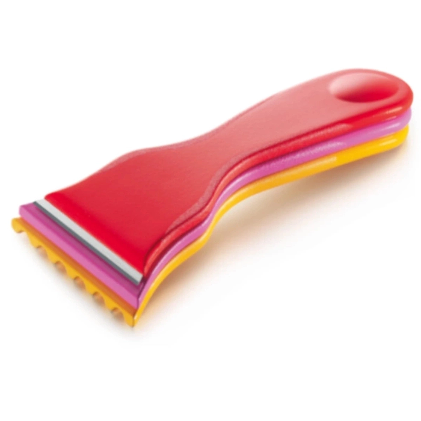 Roter Schaber mit gelben, rosa und grauen Schichten, isoliert auf Weiß