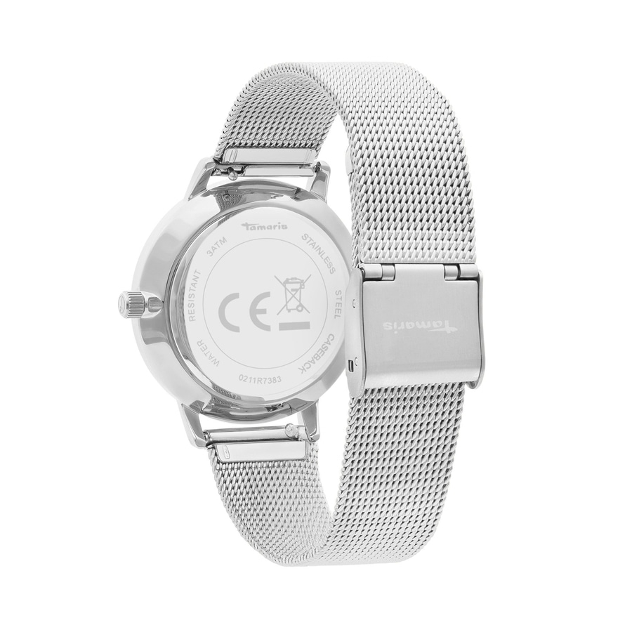 Rückseite einer Tamaris Damenuhr mit silbernem Milanaise-Armband und Gehäuseboden.