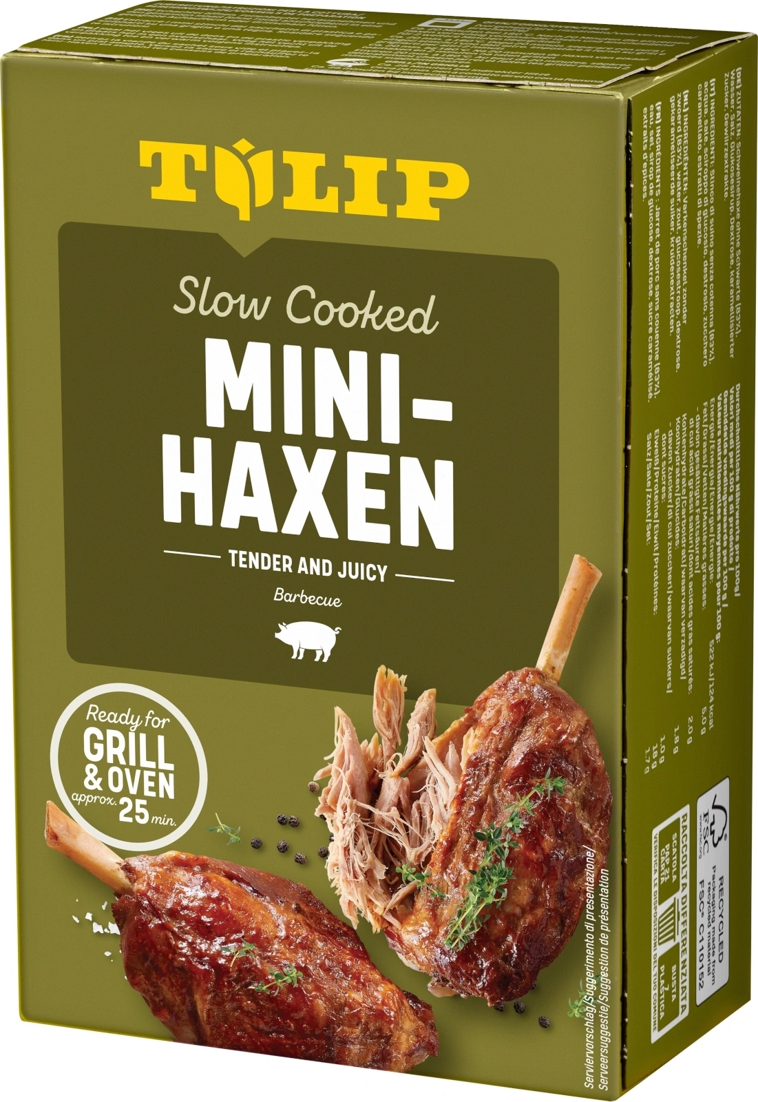 Schweinshaxe im Karton mit der Aufschrift Tulíp Slow Cooked Mini-Haxen