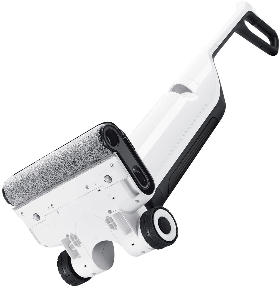 Weißer Staubsauger mit Rollen und Griff, ideal für die Reinigung von Böden.