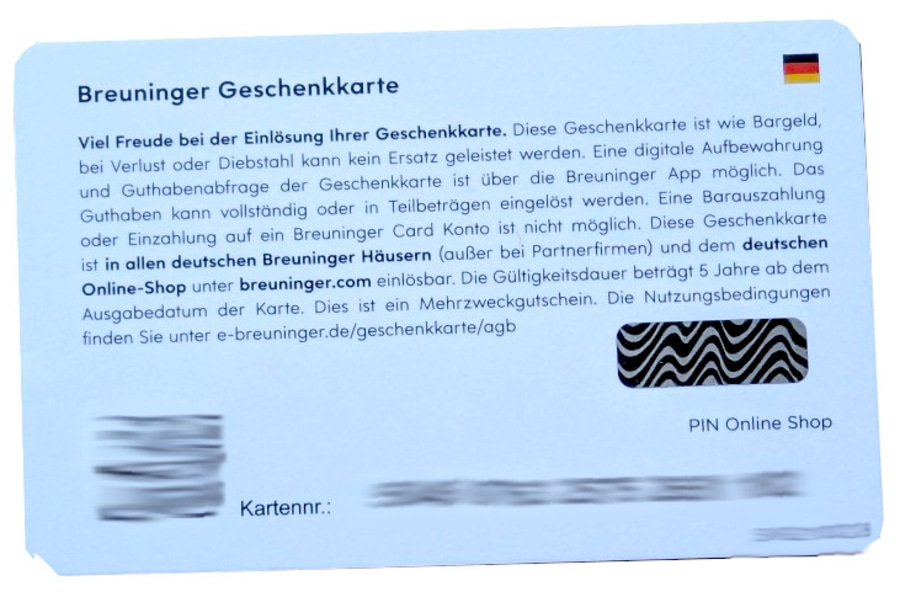 5x 20€ BREUNINGER Gutscheinkarte Geschenkgutschein 100€ Einkaufsgutsscheine